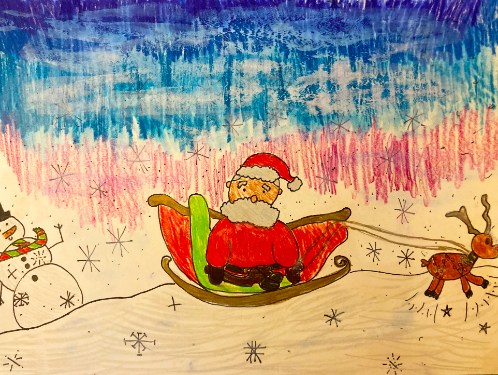 Childrens drawing of Santa's sleigh being pulled by a reindeer and a snowman behind it.